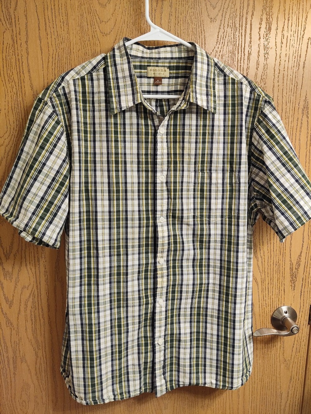 Sonoma Short-Sleeve Plaid Button-Down Shirt in Green, White and Navy